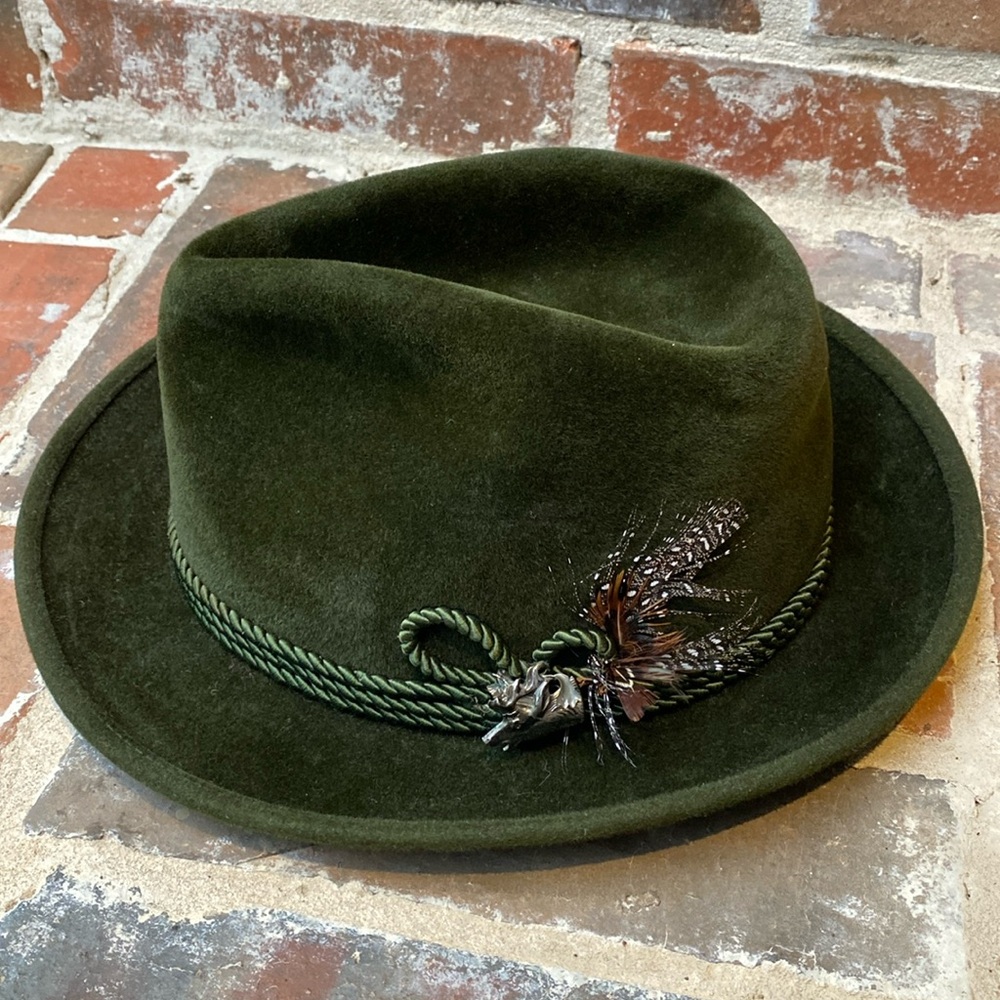 Lembert Dark Green Velvety Fedora with Stag Broach & Feather Accent Size 58